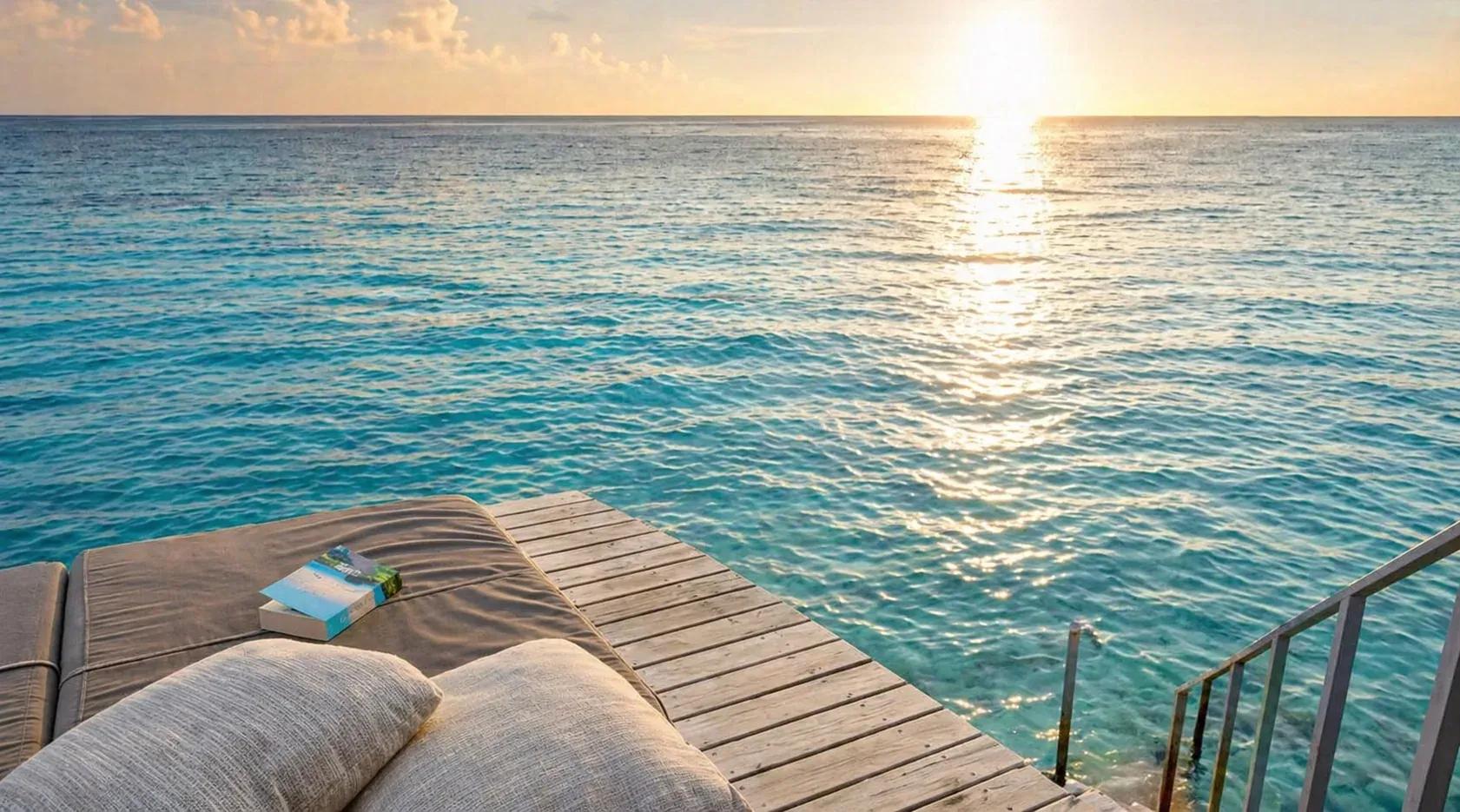 Terrazza della Sunset Overwater Villa with a Swirl Pool con lettini e scala per accesso diretto al mare del Centara Ras Fushi Resort & Spa Maldives.