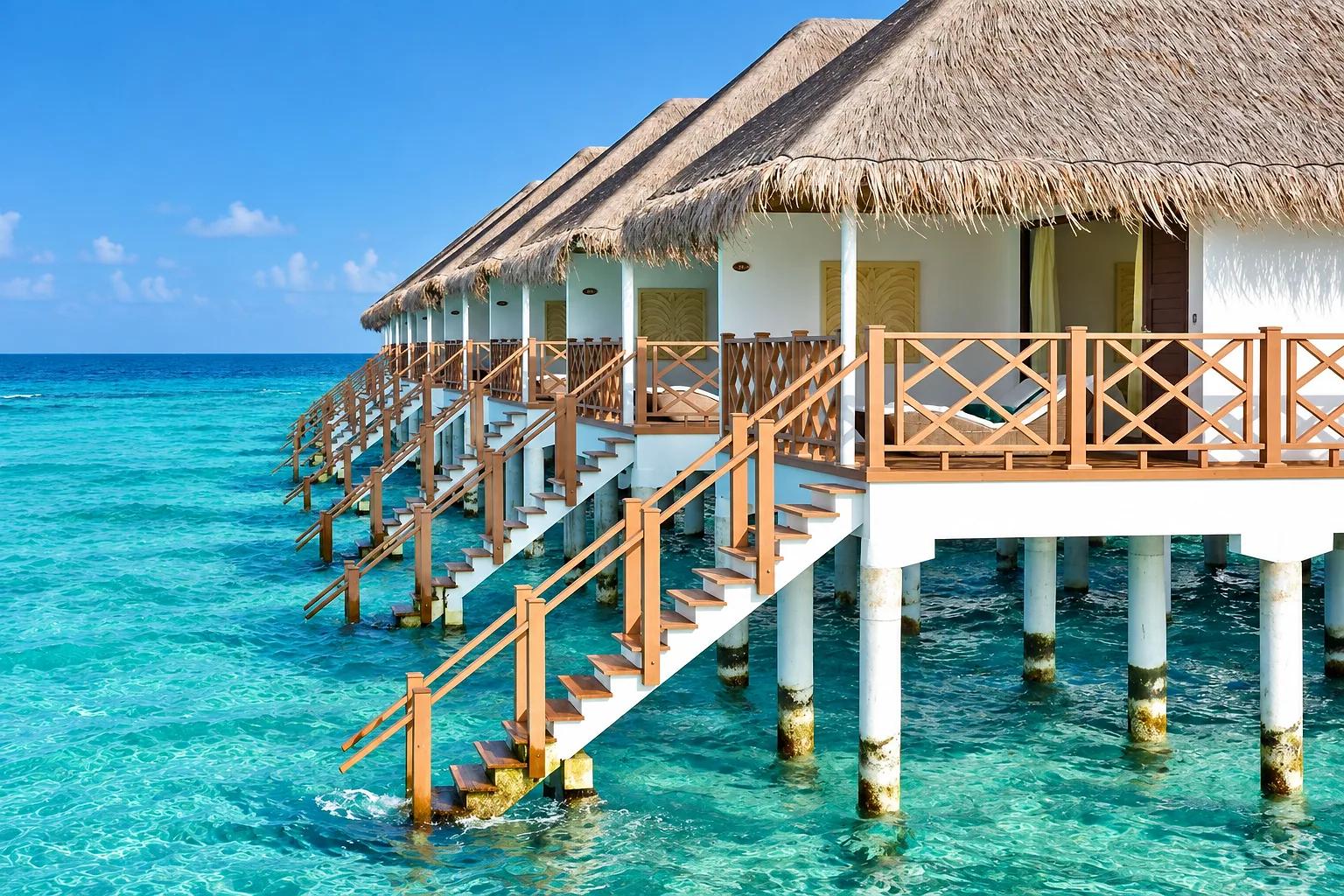 Una fila di Water Bungalow del Dreamland The Unique Sea And Lake Resort Spa si estende sull'acqua turchese. Ogni alloggio ha un tetto di paglia, una terrazza privata in legno e una scala per scendere direttamente in mare.