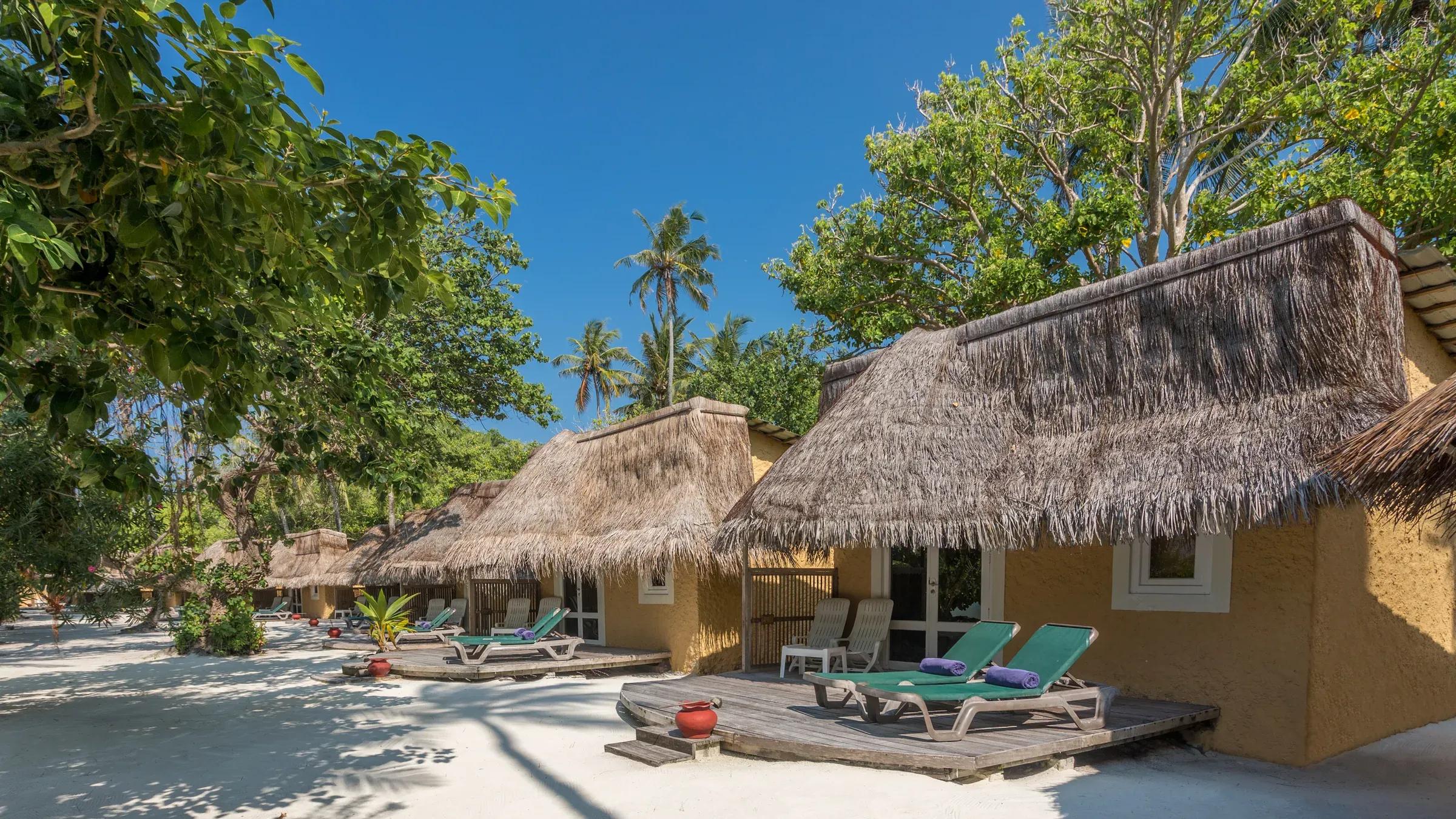 Giardino con bungalow, lettini e vegetazione presso la Garden Bungalow del Kuredu Island Resort & Spa.