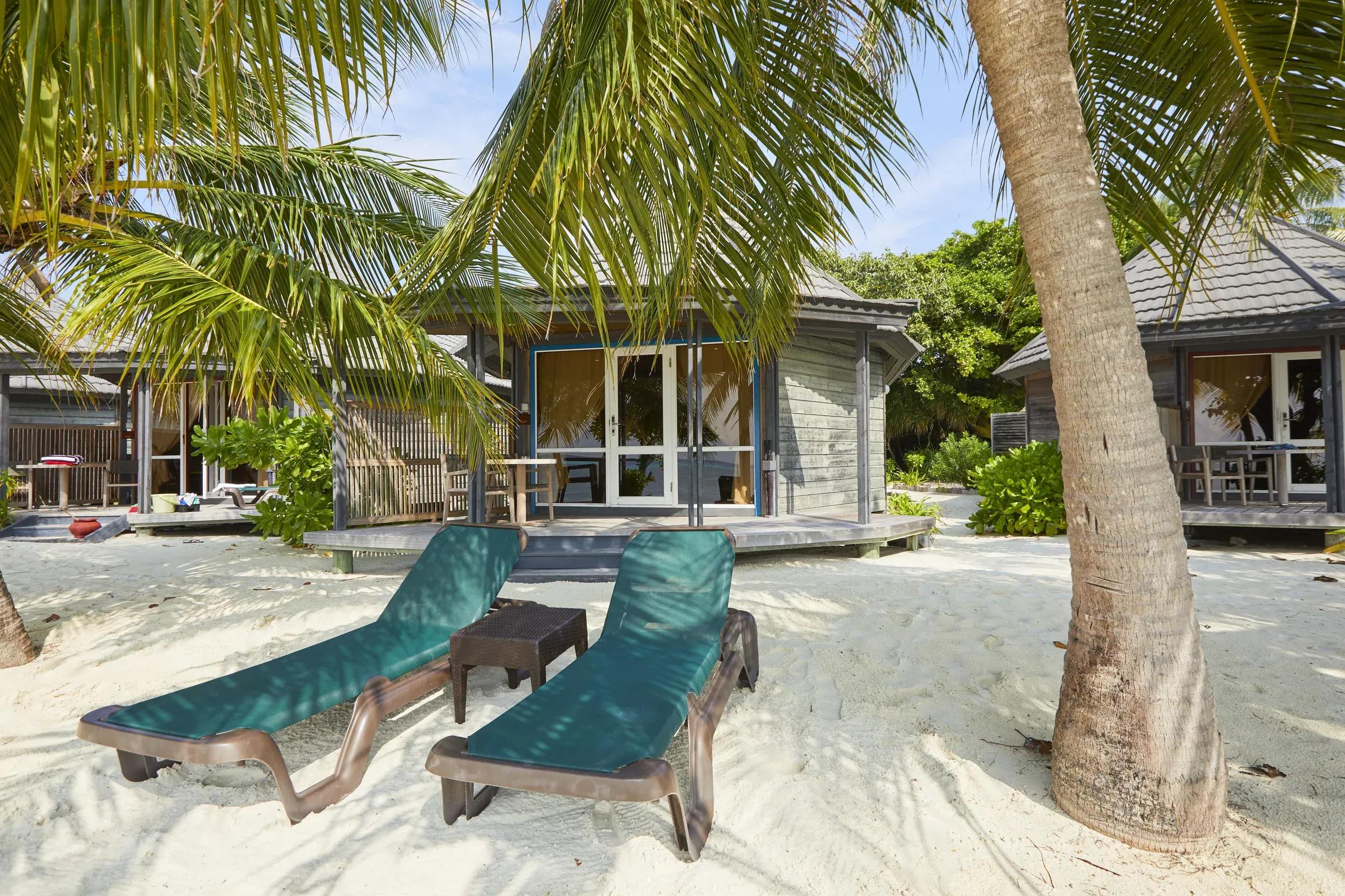 Esterno della Jacuzzi Beach Villa con lettini e palme sulla spiaggia del Kuredu Island Resort & Spa.