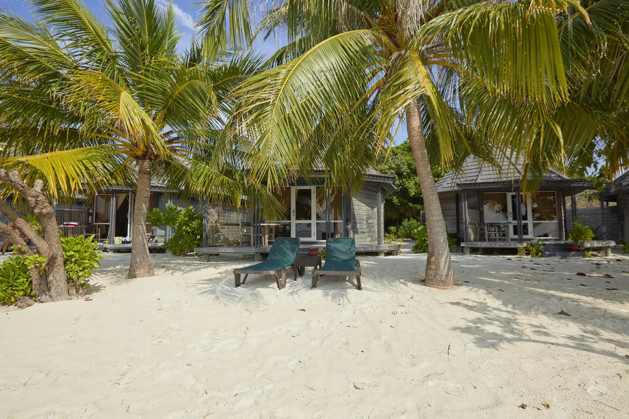 Sangu Jacuzzi Beach Villa con lettini sulla spiaggia e palme al Kuredu Island Resort & Spa.