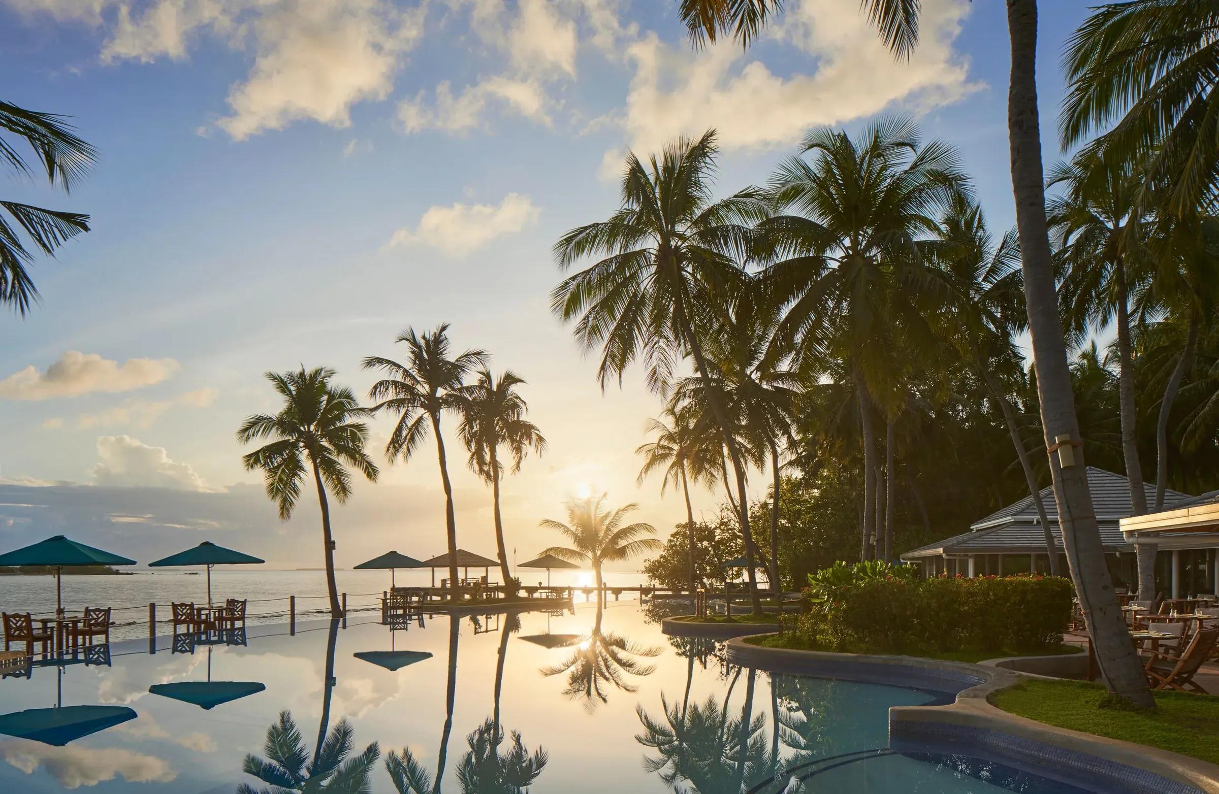 Piscina a sfioro e palme da cocco al tramonto al Royal Island Resort & Spa alle Maldive.
