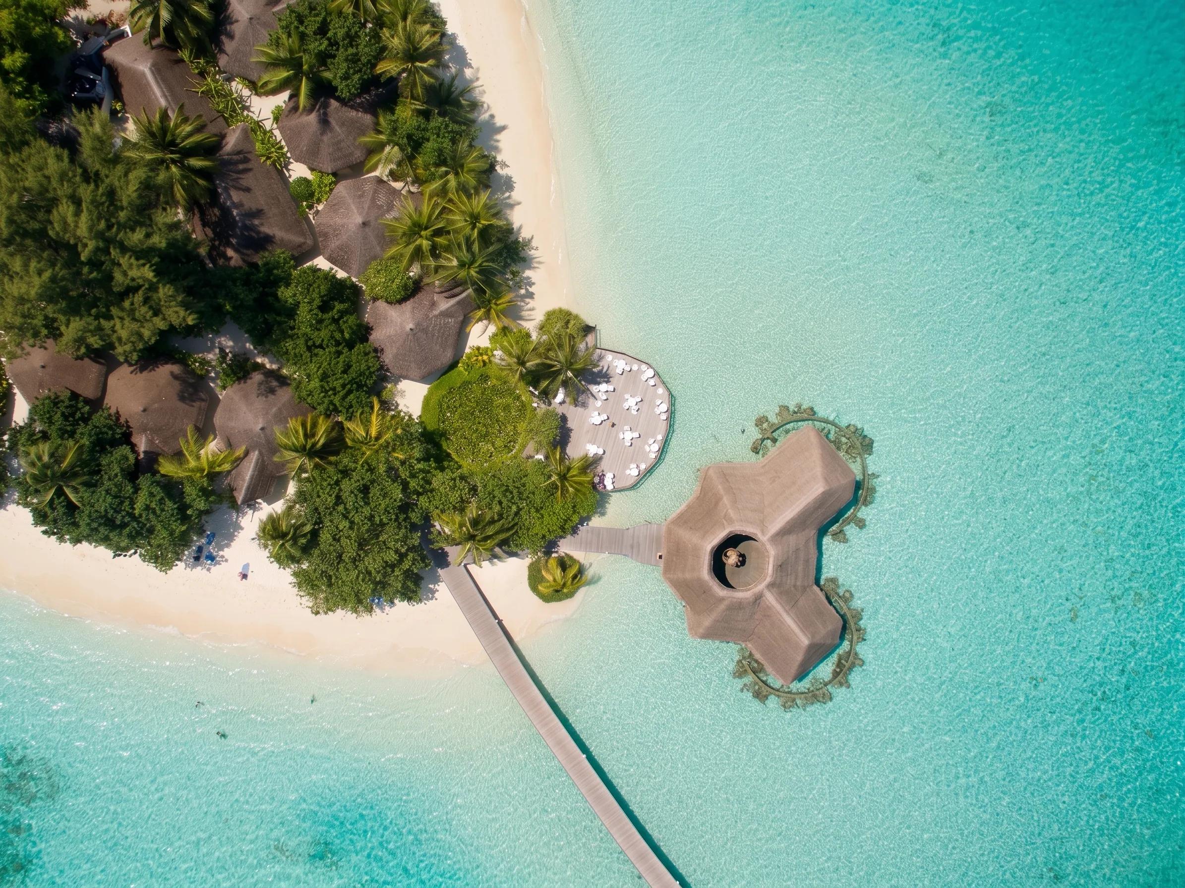 Veduta aerea del Safari Island Resort con bungalow dai tetti di paglia immersi nel verde, una spiaggia bianca e un pontile che si estende sul mare turchese fino a una palafitta.