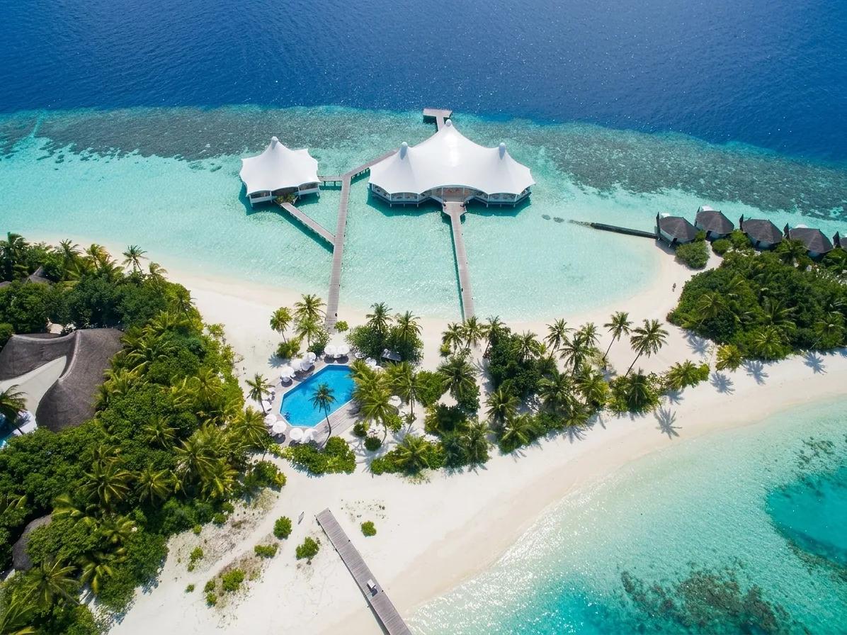 Vista aerea del Safari Island Resort, un'isola tropicale con spiaggia bianca e palme. Nel mare turchese si vedono la barriera corallina, bungalow overwater e due grandi strutture bianche su palafitte collegate da pontili.
