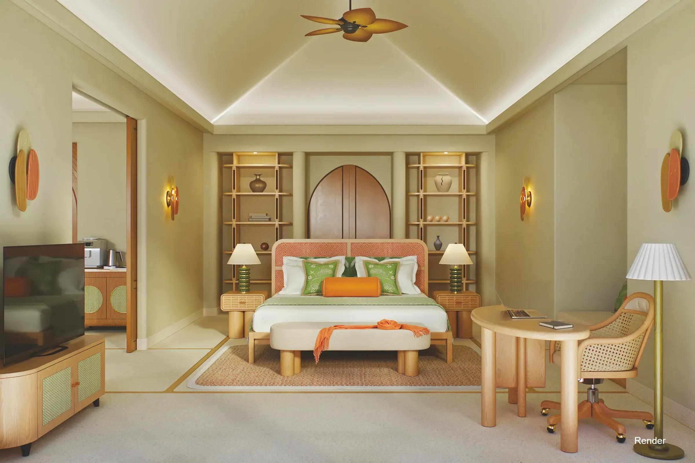 Camera con letto matrimoniale, tavolo e sedie nella Two Bedroom Beach Pool House del Villa Park Sun Island Resort & Spa