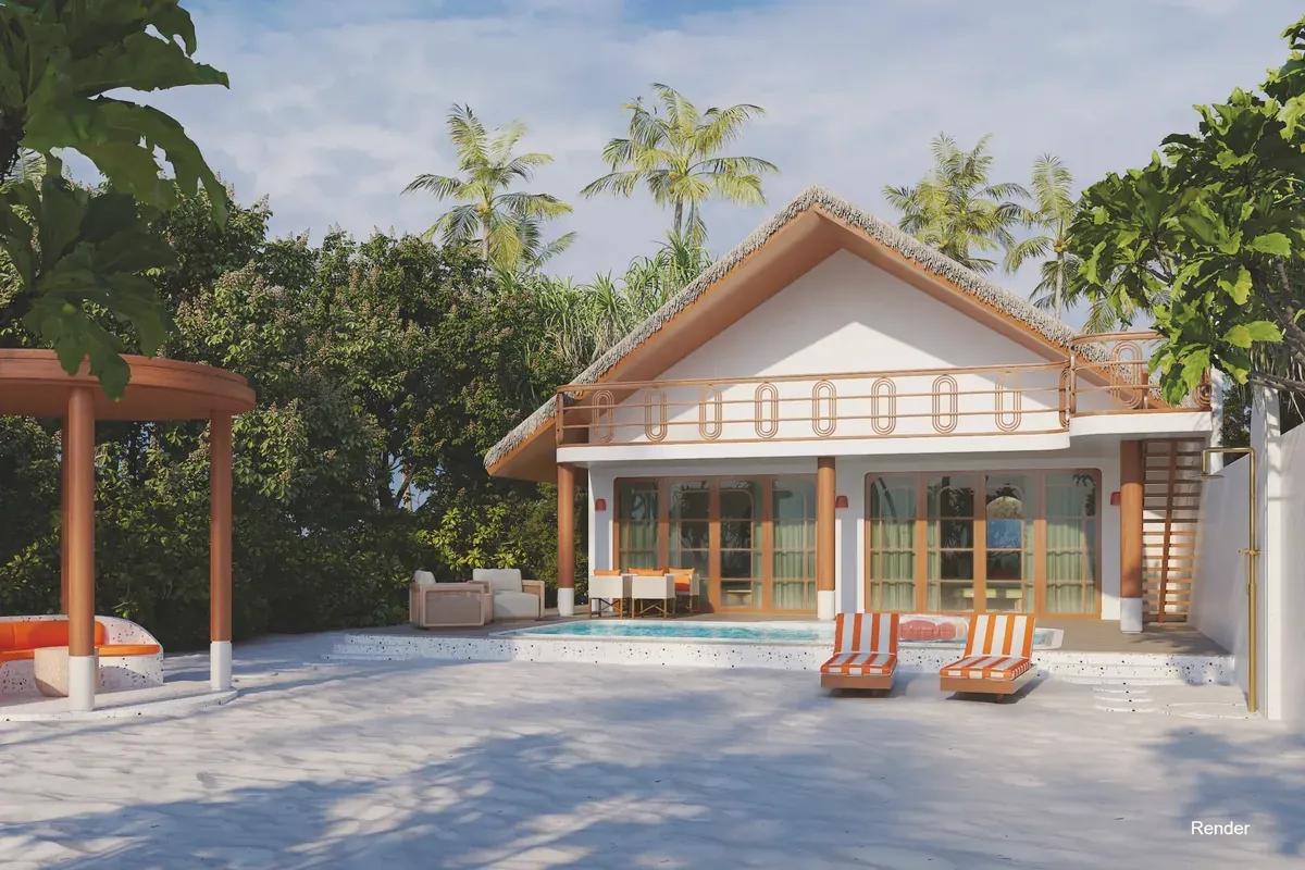 Two Bedroom Beach Pool House con piscina privata e lettini a righe al Villa Park Sun Island Resort & Spa