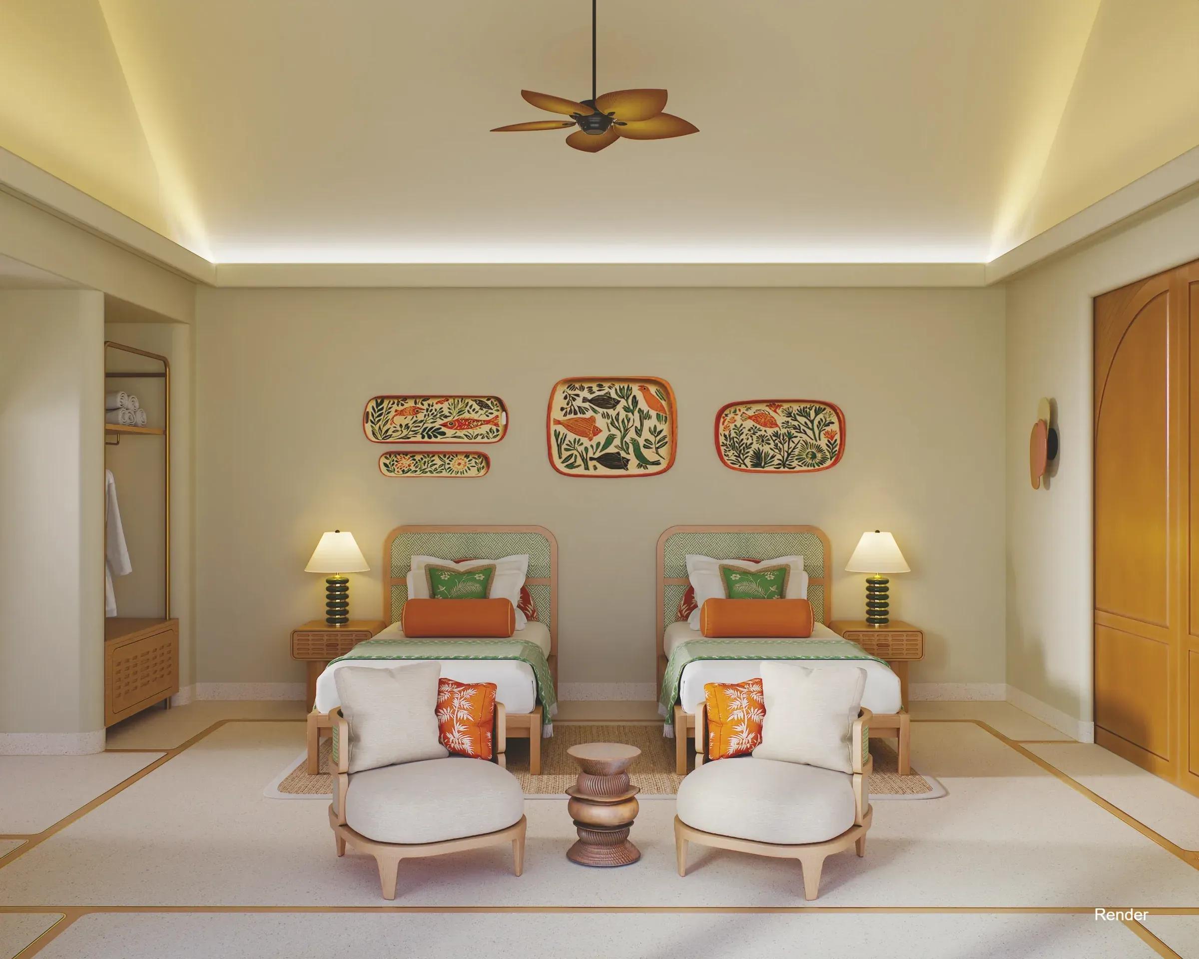 Due letti singoli e poltrone nella Two Bedroom Beach Pool House del Villa Park Sun Island Resort & Spa