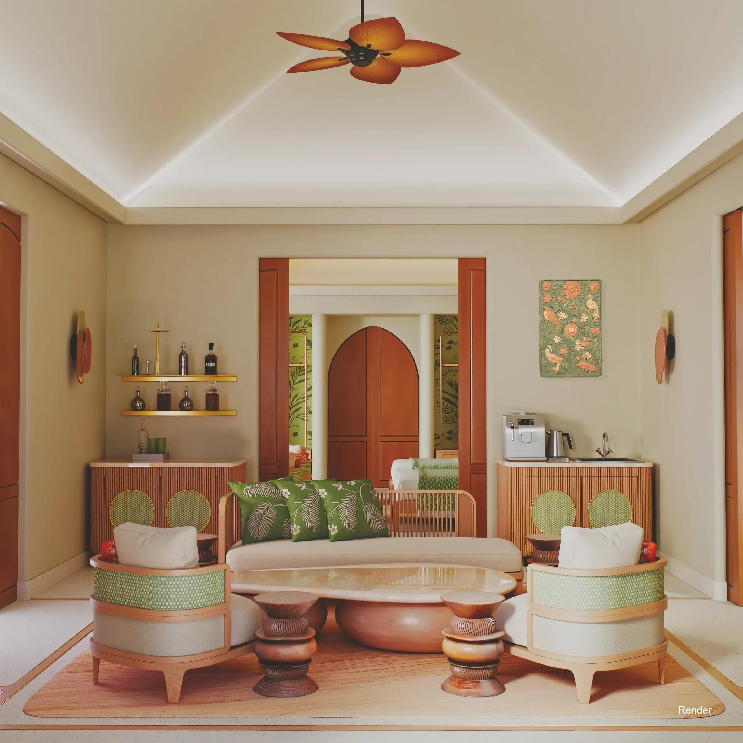 Raffinata area living della Two Bedroom Beach Pool House con eleganti arredi in legno, divano e poltrone di design con motivi tropicali e vista sulla zona notte, al Villa Park Sun Island Resort & Spa.