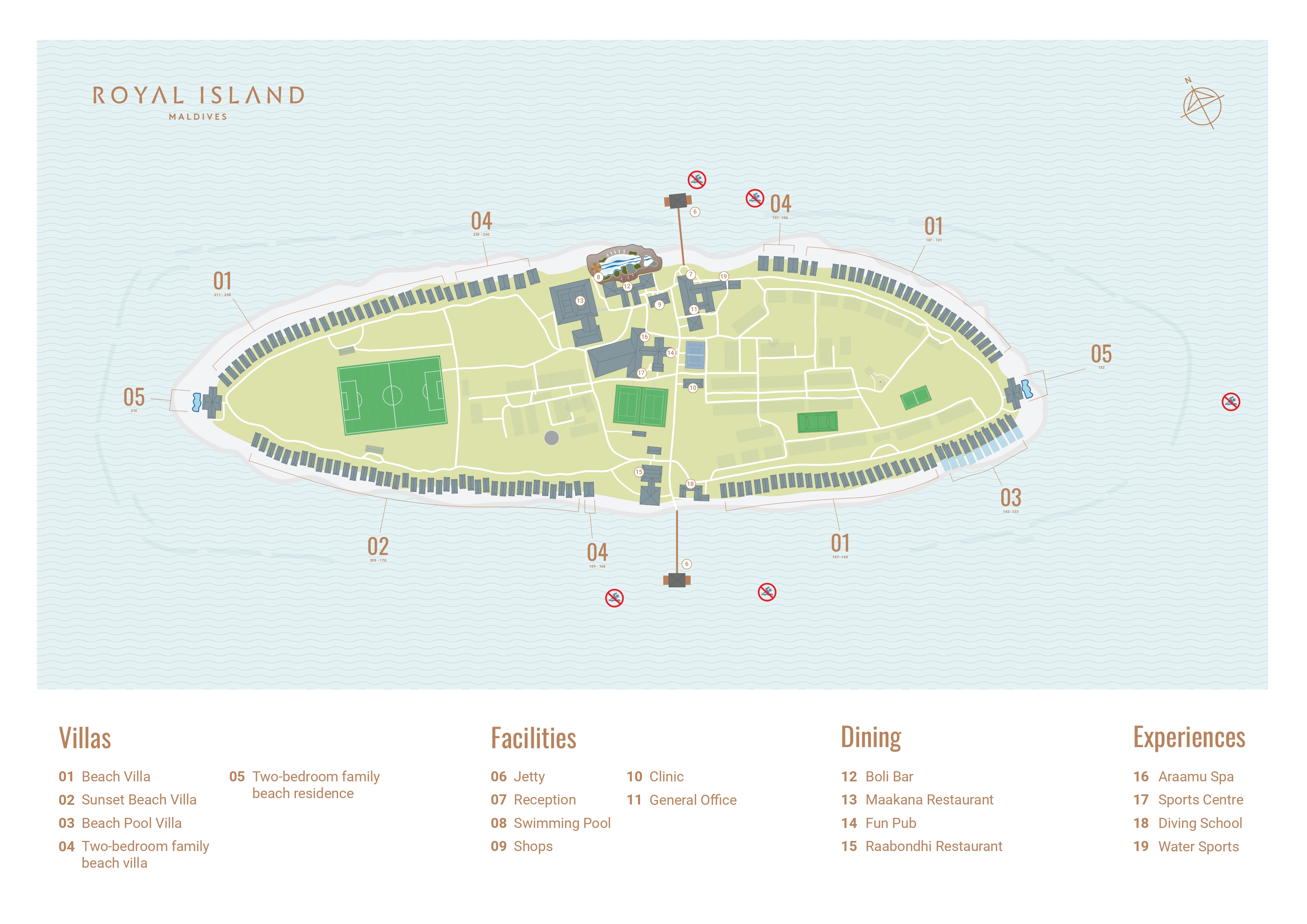 Mappa dettagliata del Royal Island Resort & Spa alle Maldive, mostra tutte le strutture e i servizi disponibili